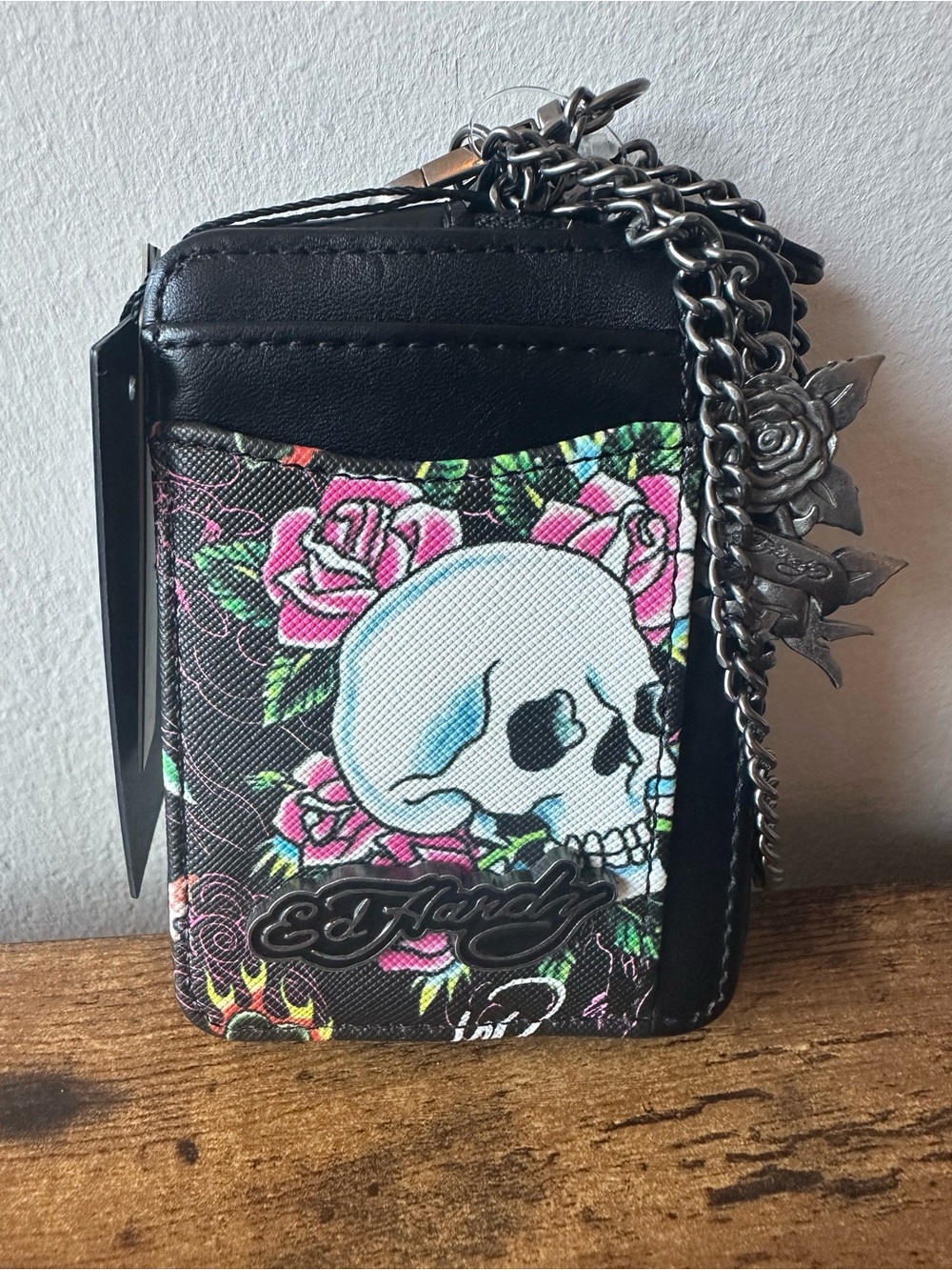 Ed Hardy Black Floral Skull Wallet Cardholder Wristlet with Silver Chain NWT